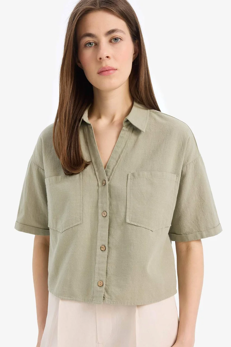ديفاكتو Boxy Fit Shirt Collar Linen Blended Short Sleeve Shirt
