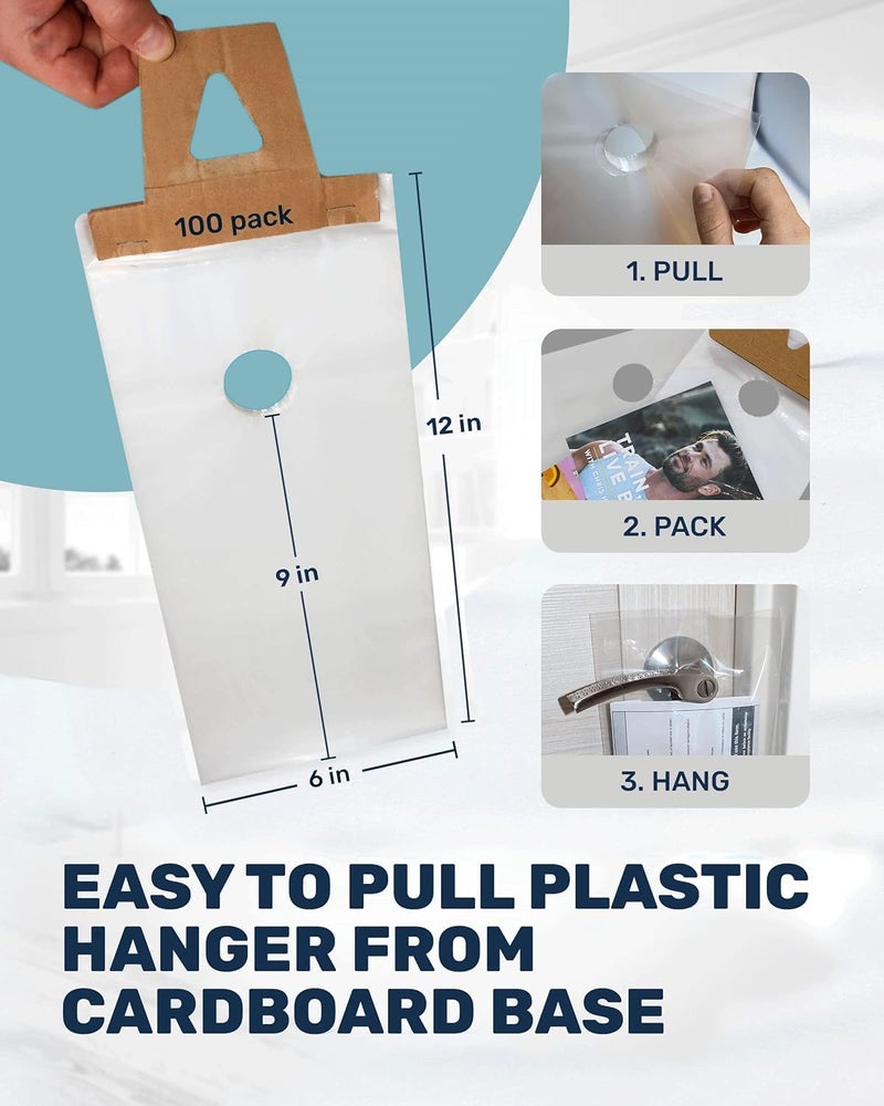 Skywin TidyFriend Door Hanger Bags 6” x 12” (300 Pack), Clear Door Hanger Bags Protects Flyers, Brochures, Notices, Printed Materials - Waterproof and Secure Door Knob Hanger Bag for Outdoor Use - Image 2