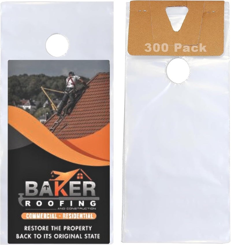 Skywin TidyFriend Door Hanger Bags 6” x 12” (300 Pack), Clear Door Hanger Bags Protects Flyers, Brochures, Notices, Printed Materials - Waterproof and Secure Door Knob Hanger Bag for Outdoor Use - Image 1
