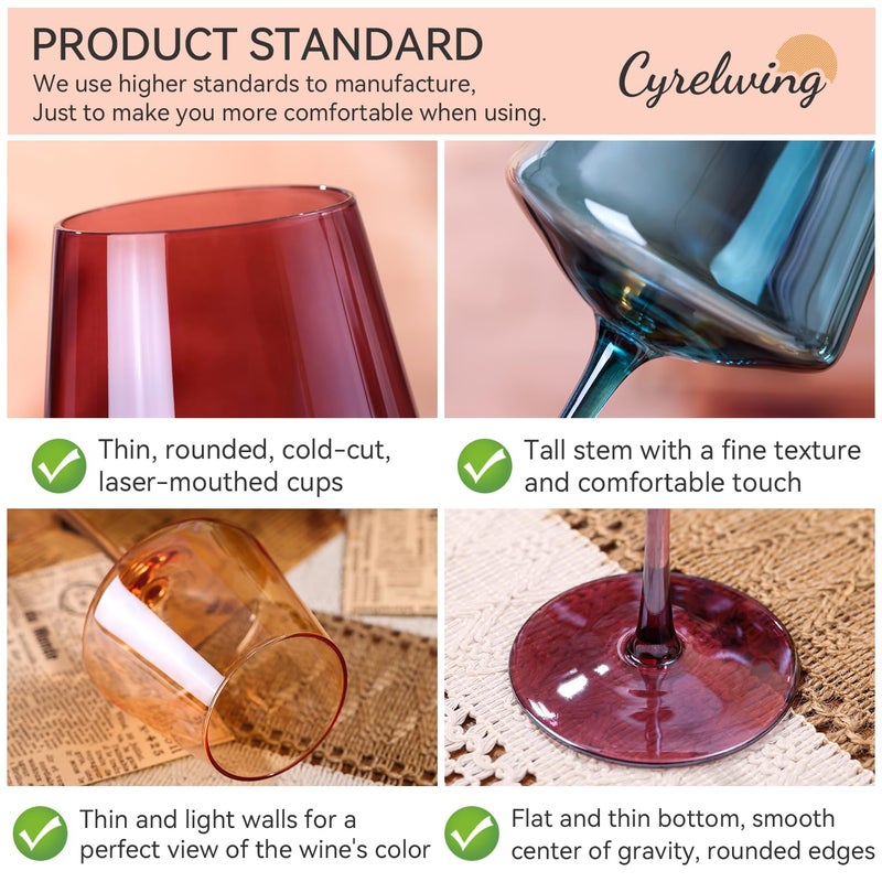 Cyrelwing Colored Wine Glasses Set of 6-18ozã€Hand Blownã€‘Crystal Colorful Wine Glasses with Stem-Muticolor Wine Glass Wedding gift set for wine lovers Red White Wine Dinner - Image 3