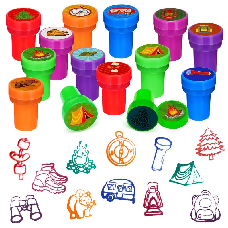 Cinrobiye 24 Pcs Happy Camper Stampers for Boys Girls Camping Adventure Birthday Party Supplies Favors Classroom Rewards Carnival Prizes Goodie Bag Pinata Fillers for Campfire Tent Hiking Party - Image 3