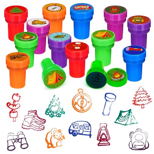 Cinrobiye 24 Pcs Happy Camper Stampers for Boys Girls Camping Adventure Birthday Party Supplies Favors Classroom Rewards Carnival Prizes Goodie Bag Pinata Fillers for Campfire Tent Hiking Party - Image 1