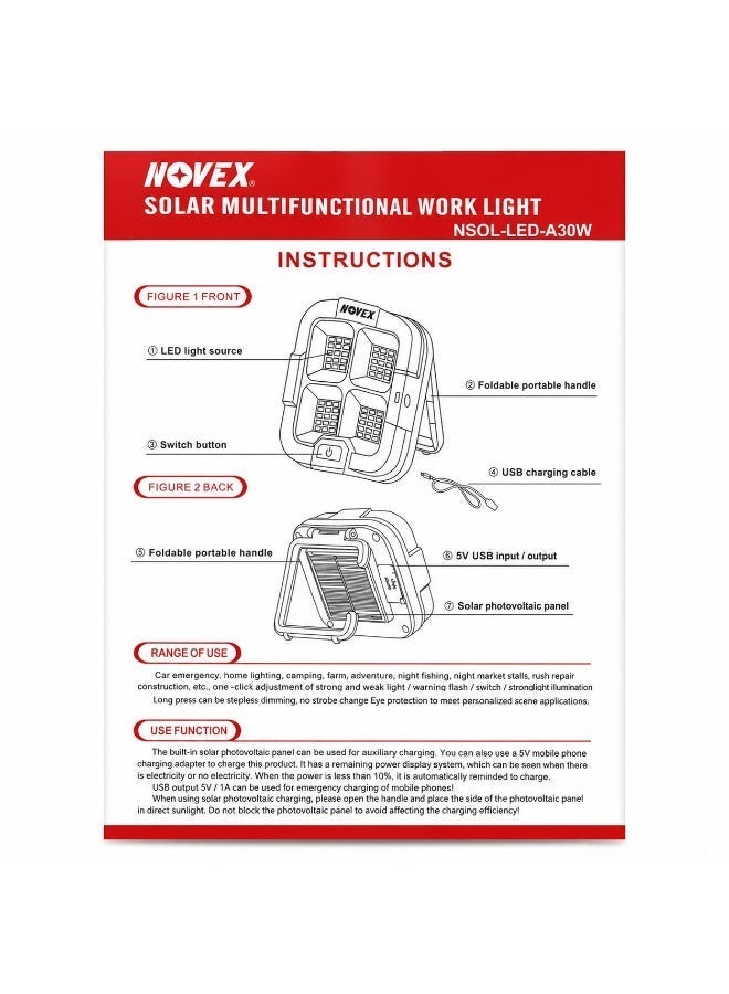 NOVEX 30W Solar Rechargeable LED Work Light with Power Bank, 4 Lighting Modes, IP65 Waterproof, USB Charging, Portable Emergency Flood Light - Image 5