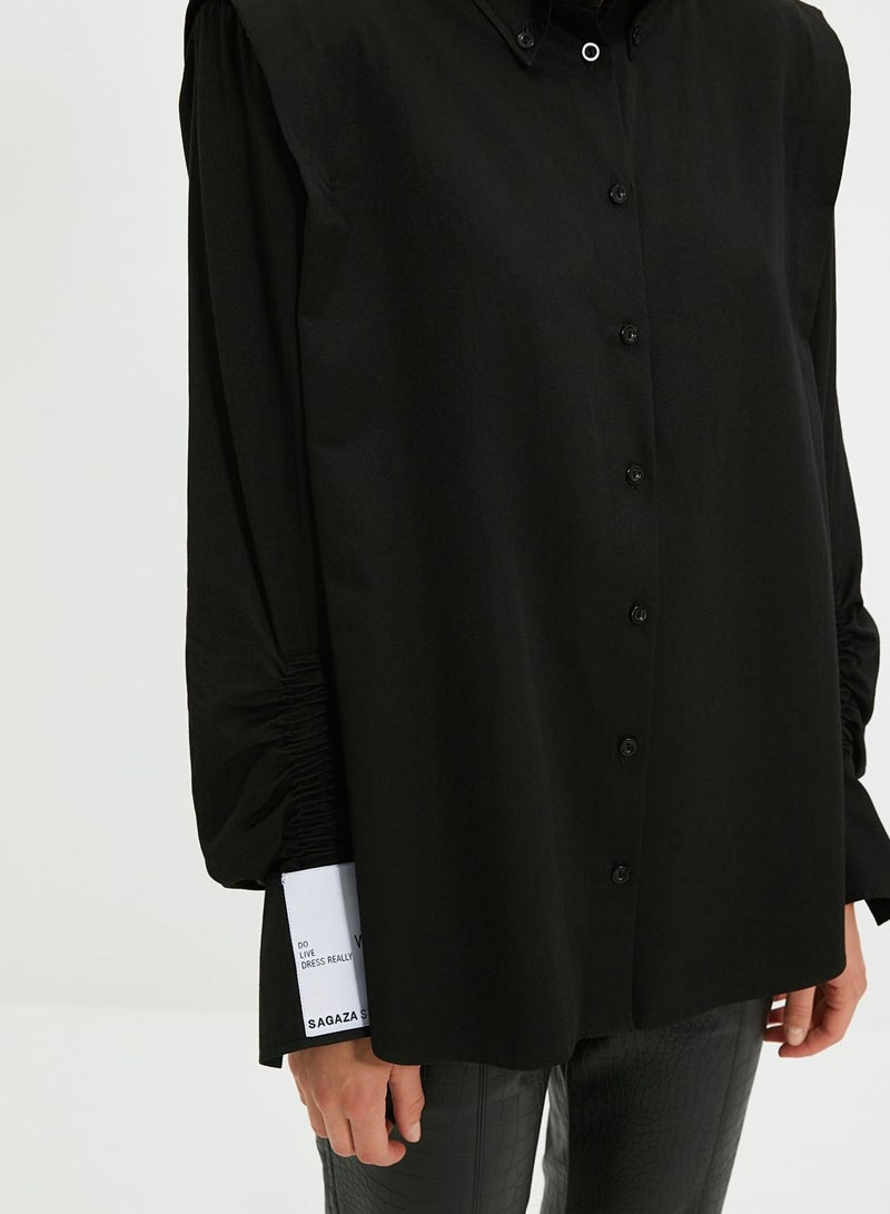 trendyol Ruched Sleeve Button Down Shirt - Image 4