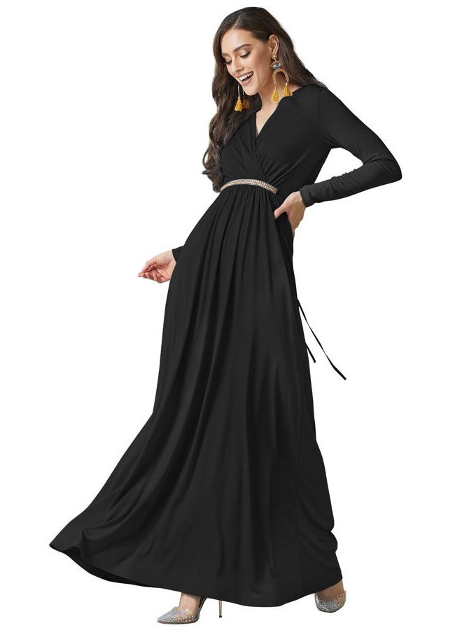 KOH KOH Womens Long Sleeve Sleeves Kaftan V-Neck Flowy Formal Wedding Guest Fall Winter Evening Day Empire Waist Abaya Muslim Gown Gowns Maxi Dress Dresses, Black L 12-14 - Image 1
