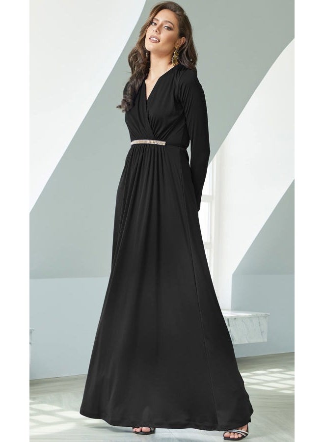 KOH KOH Womens Long Sleeve Sleeves Kaftan V-Neck Flowy Formal Wedding Guest Fall Winter Evening Day Empire Waist Abaya Muslim Gown Gowns Maxi Dress Dresses, Black L 12-14 - Image 2