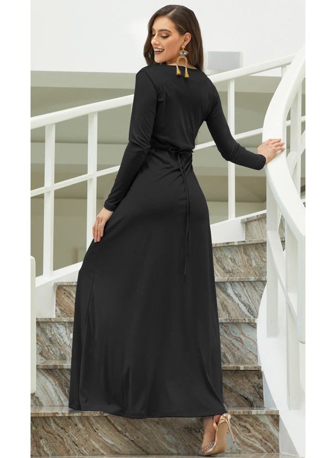 KOH KOH Womens Long Sleeve Sleeves Kaftan V-Neck Flowy Formal Wedding Guest Fall Winter Evening Day Empire Waist Abaya Muslim Gown Gowns Maxi Dress Dresses, Black L 12-14 - Image 4