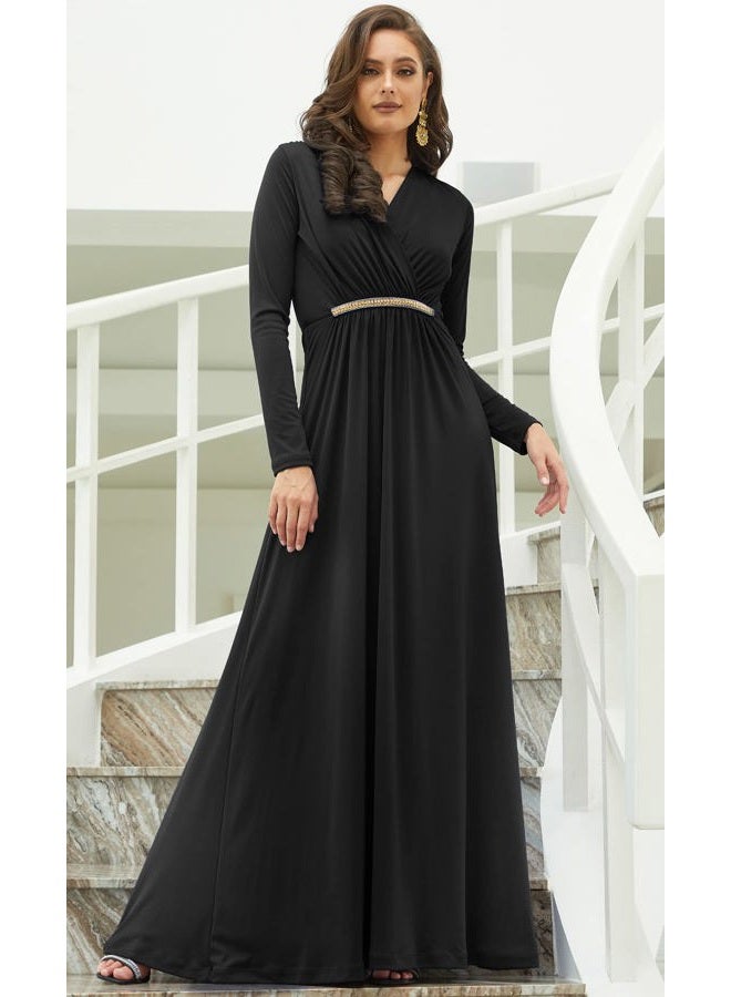 KOH KOH Womens Long Sleeve Sleeves Kaftan V-Neck Flowy Formal Wedding Guest Fall Winter Evening Day Empire Waist Abaya Muslim Gown Gowns Maxi Dress Dresses, Black L 12-14 - Image 3