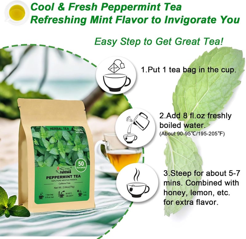 FullChea Peppermint Tea Bags - 50 Count - Caffeine-Free Herbal Tea for Refreshing Flavor and Digestive Aid - Image 4