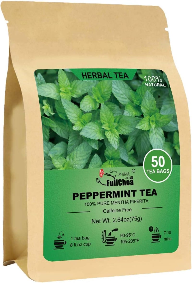 FullChea Peppermint Tea Bags - 50 Count - Caffeine-Free Herbal Tea for Refreshing Flavor and Digestive Aid - Image 1