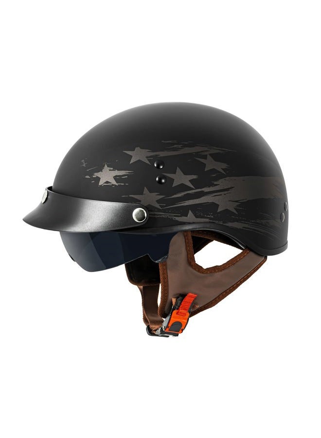 VCAN Cruiser Solid Flat Black Half Face Motorcycle Helmet with Drop-Down Sun Visor, Removable Peak and Quick Release Buckle (Star Trail, Large) - Image 1