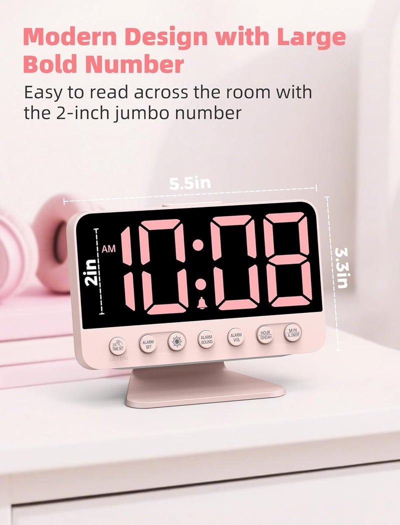 Odokee Digital Alarm Clocks for Bedrooms: Large Bold Number 5 Brightness Dimmer - Easy to Read Across The Room - 5 Alarm Sound 8 Night Light - Sakura Pink - Image 2
