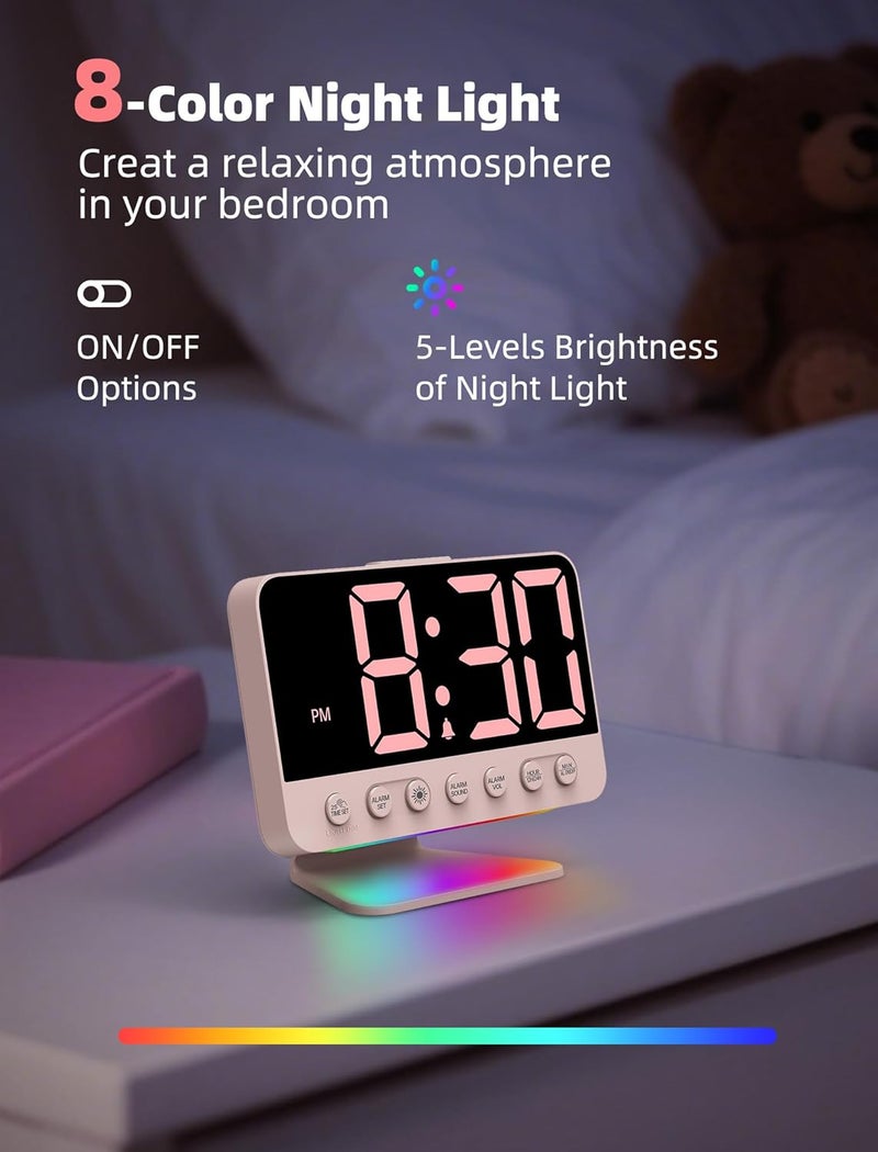 Odokee Digital Alarm Clocks for Bedrooms: Large Bold Number 5 Brightness Dimmer - Easy to Read Across The Room - 5 Alarm Sound 8 Night Light - Sakura Pink - Image 5