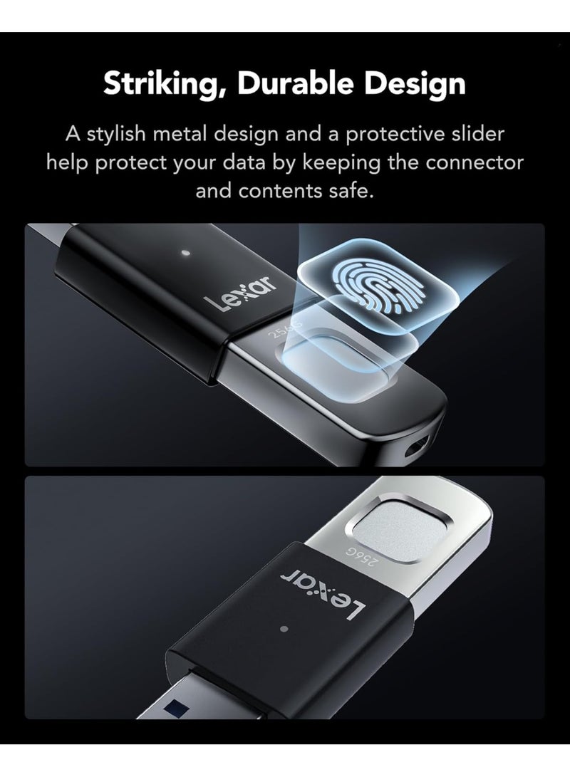 ليكسار Lexar 256GB JumpDrive Fingerprint F35USB 3.2 Gen 1 Flash Drive, Up to 400/350 MB/s Read/Write, Storage Expansion and Backup, 256-bit AES & Fingerprint Encryption, Black (LJDF35P256G-RNBNG) - Image 2