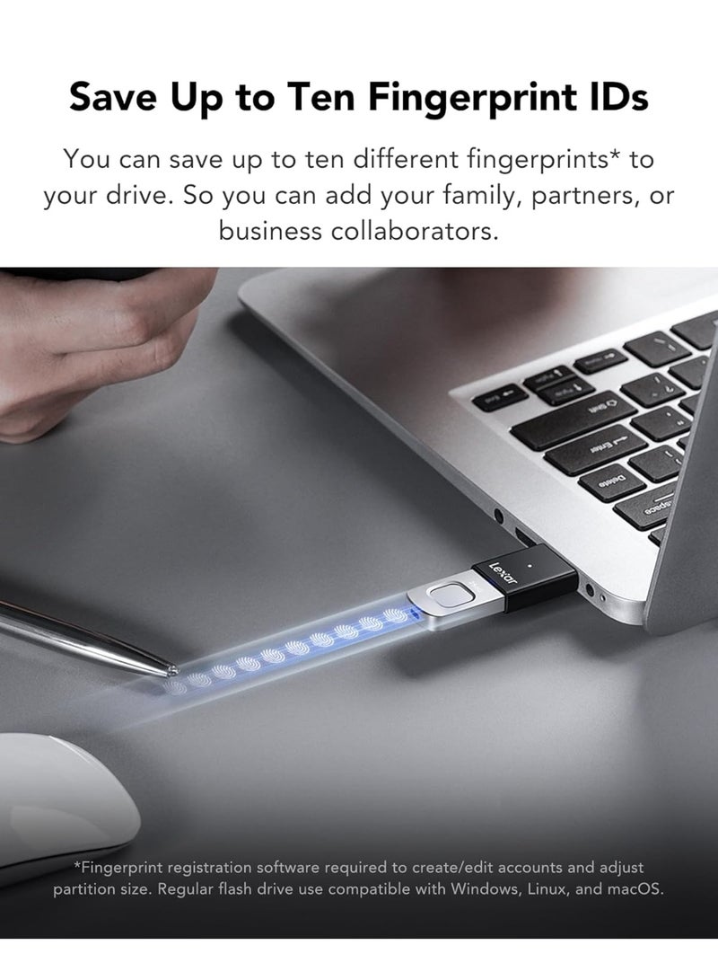 ليكسار Lexar 256GB JumpDrive Fingerprint F35USB 3.2 Gen 1 Flash Drive, Up to 400/350 MB/s Read/Write, Storage Expansion and Backup, 256-bit AES & Fingerprint Encryption, Black (LJDF35P256G-RNBNG) - Image 4