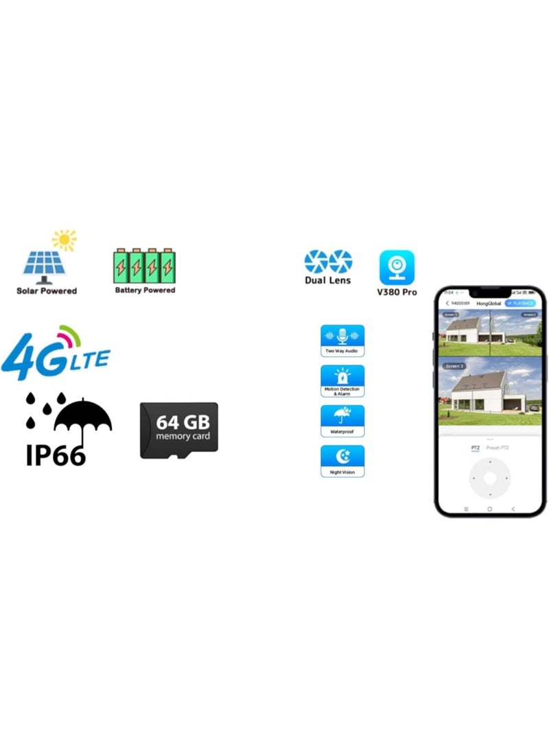 جاجيك 2 Pcs 6MP Dual Lens Outdoor Security Cameras – 360° Wireless PTZ IP CCTV with 4G SIM Connectivity, Solar Powered, Human Detection, Night Vision, Two-Way Audio, 64GB SD Cards, V380 Pro App – Home, Garden & Office Security - Image 4