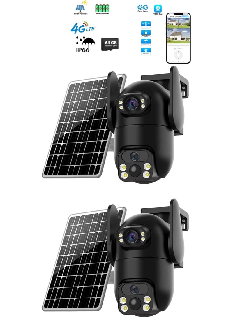 جاجيك 2 Pcs 6MP Dual Lens Outdoor Security Cameras – 360° Wireless PTZ IP CCTV with 4G SIM Connectivity, Solar Powered, Human Detection, Night Vision, Two-Way Audio, 64GB SD Cards, V380 Pro App – Home, Garden & Office Security - Image 1