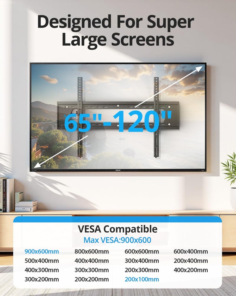 USX STAR 85 86 98 100 inch Heavy Duty Tilt TV Wall Mount Bracket for 65-120" Large TVS Up to 220LBS,Ultra Slim Tilting TV Mount, Max VESA 900Ã—600mm, 16/18/24/32" Studs,Fit Most 65+ 75+ 120 TVs - Image 3