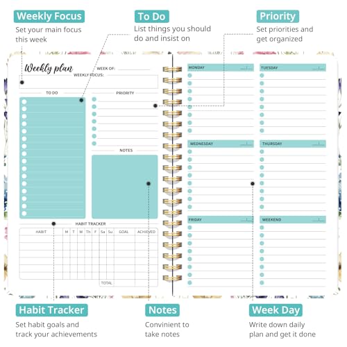 Taja Undated Weekly Planner Weekly To Do List Notebook with Goal Habit Tracker Organizer A5 Weekly Planner Notebook with Spiral Binding 61 x 82 Floral - Image 3