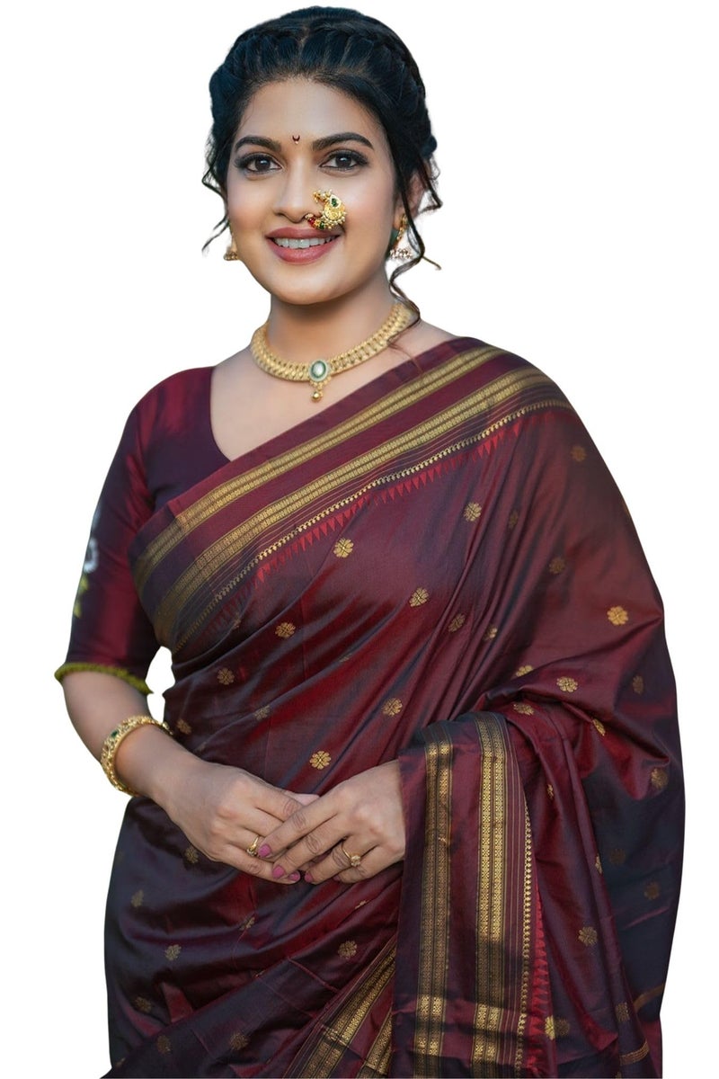 SGF11 Women's Kanjivaram Soft Silk Saree With Unstitched Blouse Piece (Brown) - Image 1
