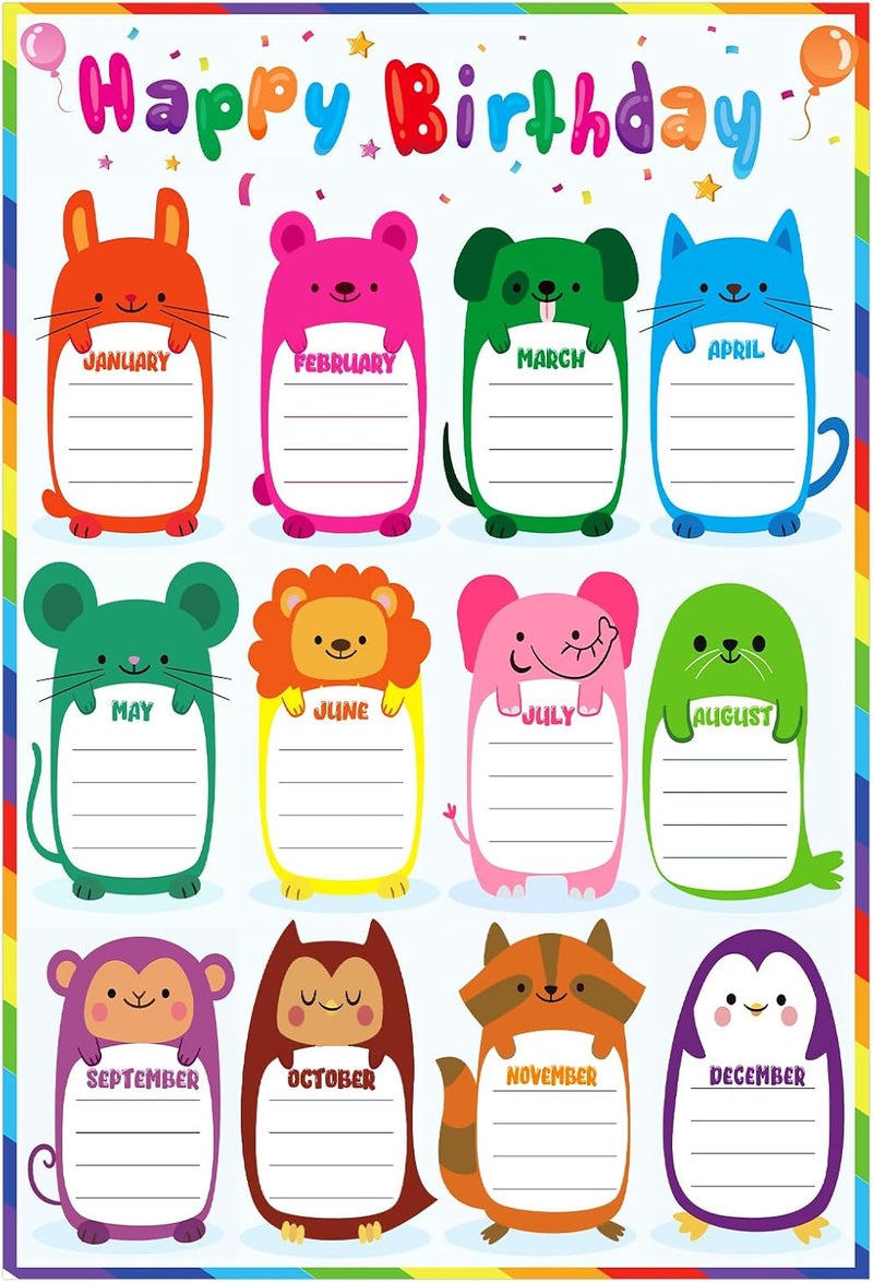 D4DREAM Confetti Happy Birthday Poster Chart 16.5"x 11"Birthday Chart for Classroom Decorations Watercolor Classroom Birthday Chart Animal Birthday Classroom Decor for Back to School Teaching Supplies - Image 1