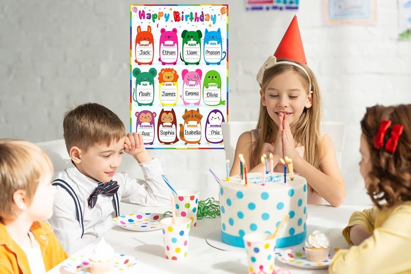 D4DREAM Confetti Happy Birthday Poster Chart 16.5"x 11"Birthday Chart for Classroom Decorations Watercolor Classroom Birthday Chart Animal Birthday Classroom Decor for Back to School Teaching Supplies - Image 3