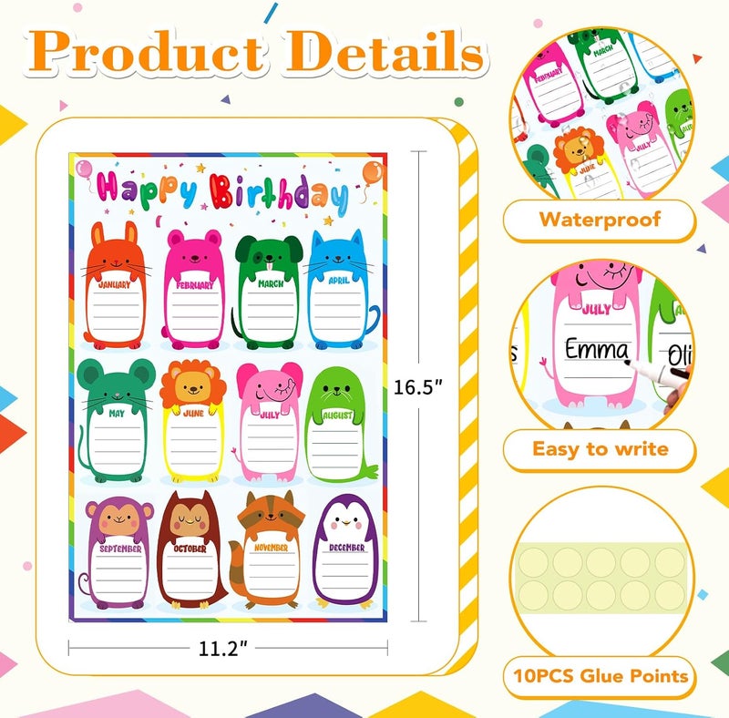 D4DREAM Confetti Happy Birthday Poster Chart 16.5"x 11"Birthday Chart for Classroom Decorations Watercolor Classroom Birthday Chart Animal Birthday Classroom Decor for Back to School Teaching Supplies - Image 4