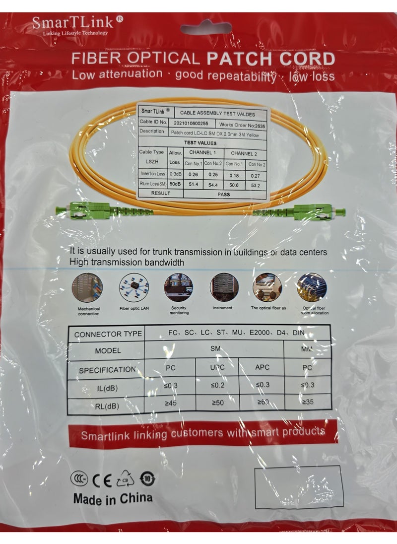 SmarTLink - SMARTLINK SC/APC–SC/APC Fiber Optic Patch Cord – GML315FB, 3M, LSZH, 2.0mm - Image 1