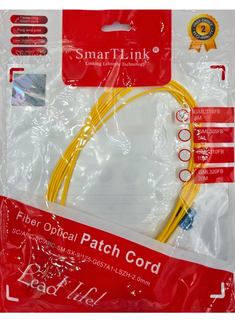 SmarTLink - SMARTLINK SC/APC–SC/APC Fiber Optic Patch Cord – GML315FB, 3M, LSZH, 2.0mm - Image 1
