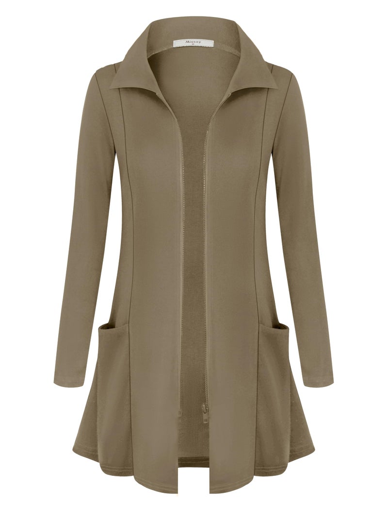 Miusey Fall Jackets for Women 2023 Long Zip Up Sweatshirt Lightweight Cardigan Sweaters Full Zipper Tunic Tops to wear with Leggings Deep Khaki Medium - Image 2