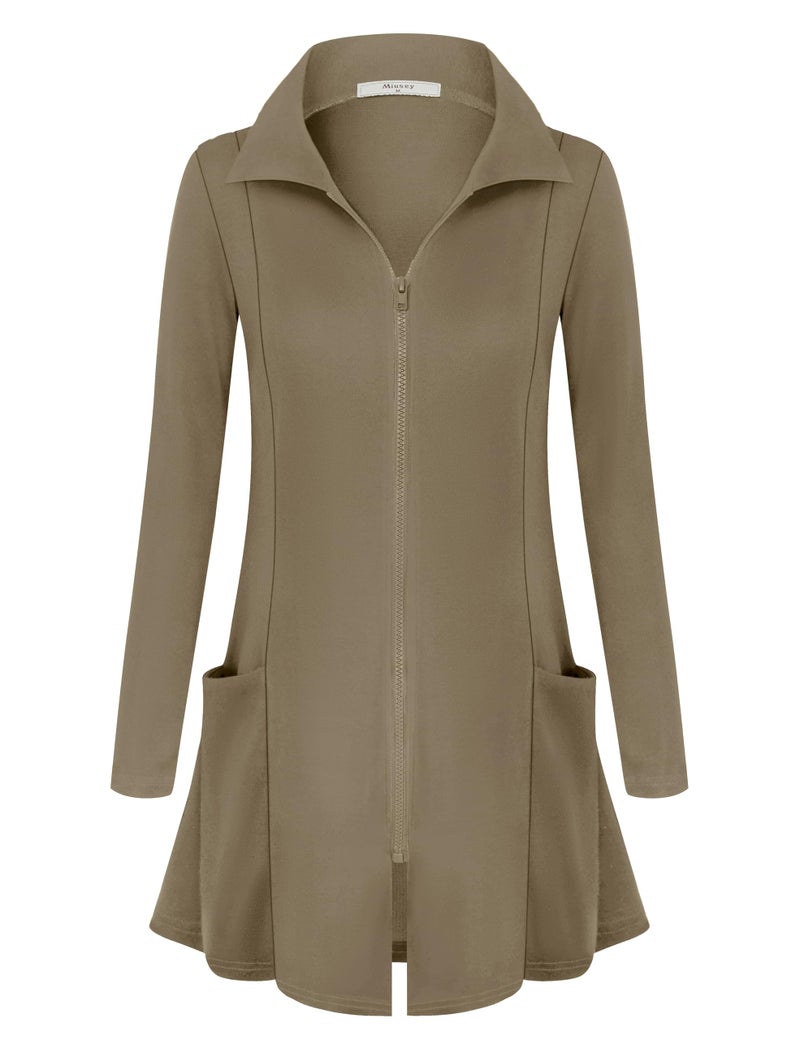 Miusey Fall Jackets for Women 2023 Long Zip Up Sweatshirt Lightweight Cardigan Sweaters Full Zipper Tunic Tops to wear with Leggings Deep Khaki Medium - Image 1