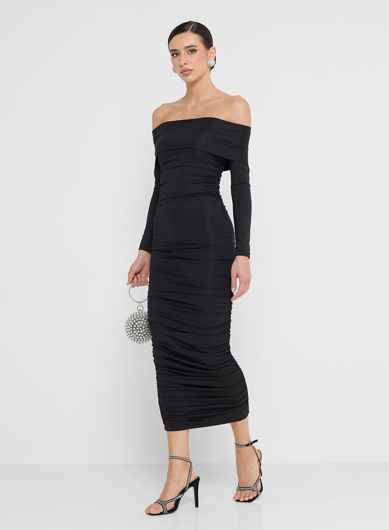 FYOR Black Draped Ruched Back Maxi Dress – Elegant Long Sleeve Design - Image 4