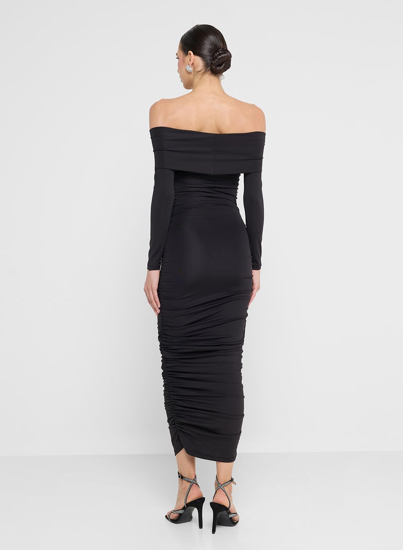 FYOR Black Draped Ruched Back Maxi Dress – Elegant Long Sleeve Design - Image 2