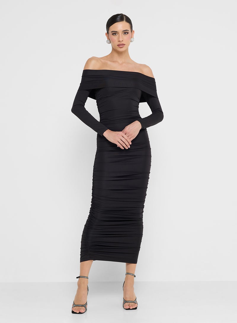 FYOR Black Draped Ruched Back Maxi Dress – Elegant Long Sleeve Design - Image 1