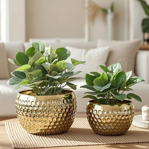 BEHOMA Metal Honeycomb Design Golden Planter for Home Decoration | Plant Pots for Home Living Room Bedroom Office Decor | Set of 2 (Plants not Included) - Image 1