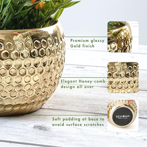 BEHOMA Metal Honeycomb Design Golden Planter for Home Decoration | Plant Pots for Home Living Room Bedroom Office Decor | Set of 2 (Plants not Included) - Image 4