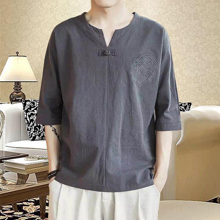 Chinese Style Short-sleeved T-shirt Men's Summer Embroidered Linen Half-sleeved Trendy Brand plus size Men's Loose Thin Cotton and Linen Top - Image 2
