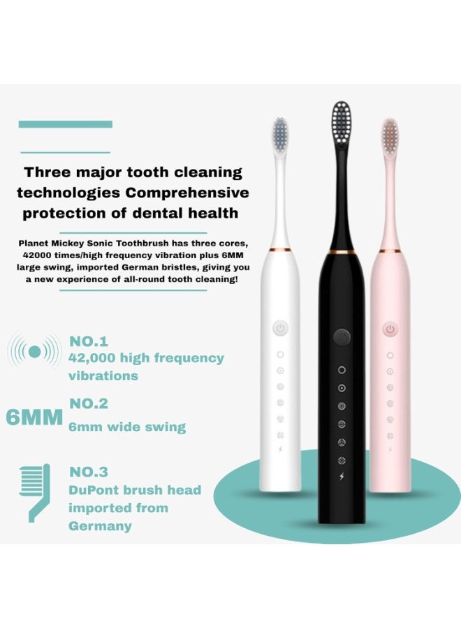 Rechargeable Sonic Electric Toothbrush with Multiple Brush Heads – Waterproof, Powerful Whitening & Deep Clean Toothbrush for Adults (Black, White & Pink) - Image 3