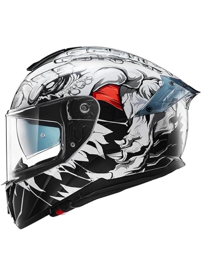 Arabest Full Face Dual Visor Motorcycle Helmets with Rear Wing Pinlock Compatible Motorbike Street Bike Helmet DOT Men Women Model 861A (WhiteBeast, M)  - Image 1