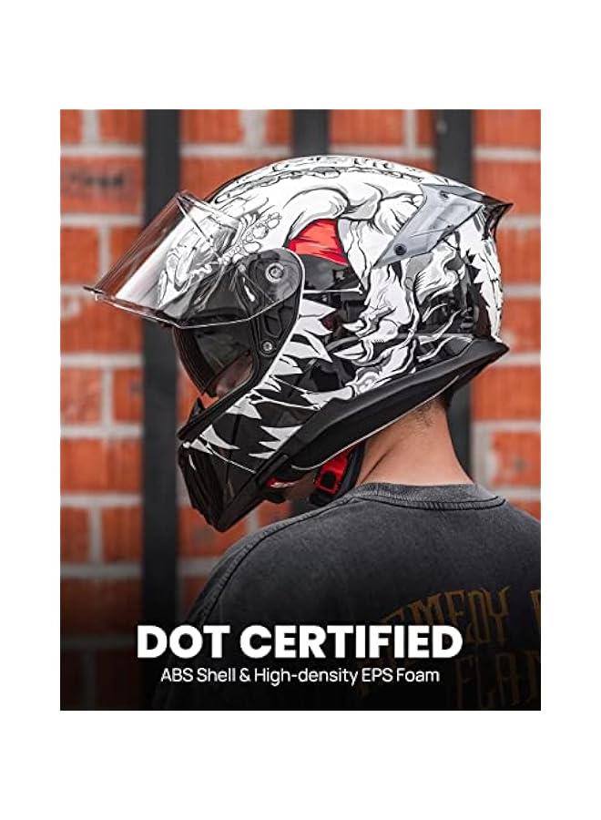 Arabest Full Face Dual Visor Motorcycle Helmets with Rear Wing Pinlock Compatible Motorbike Street Bike Helmet DOT Men Women Model 861A (WhiteBeast, M)  - Image 2