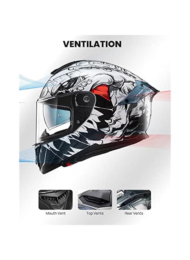 Arabest Full Face Dual Visor Motorcycle Helmets with Rear Wing Pinlock Compatible Motorbike Street Bike Helmet DOT Men Women Model 861A (WhiteBeast, M)  - Image 3