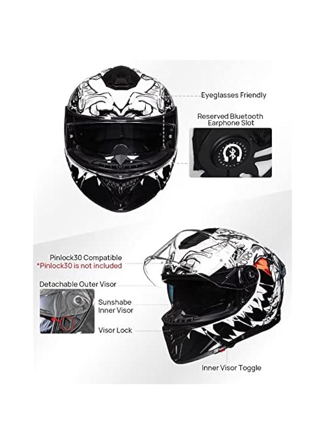 Arabest Full Face Dual Visor Motorcycle Helmets with Rear Wing Pinlock Compatible Motorbike Street Bike Helmet DOT Men Women Model 861A (WhiteBeast, M)  - Image 5
