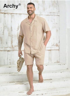 Archy 2 Pcs/Set Men's Pocket Front Short Sleeve Shirt and Shorts Basic Cotton Linen Urban Plain Plus Size Solid Color Casual Summer Outfit with Drawstring Holiday Vacation Wear 2 Pieces Button-Down Sets  - Image 2