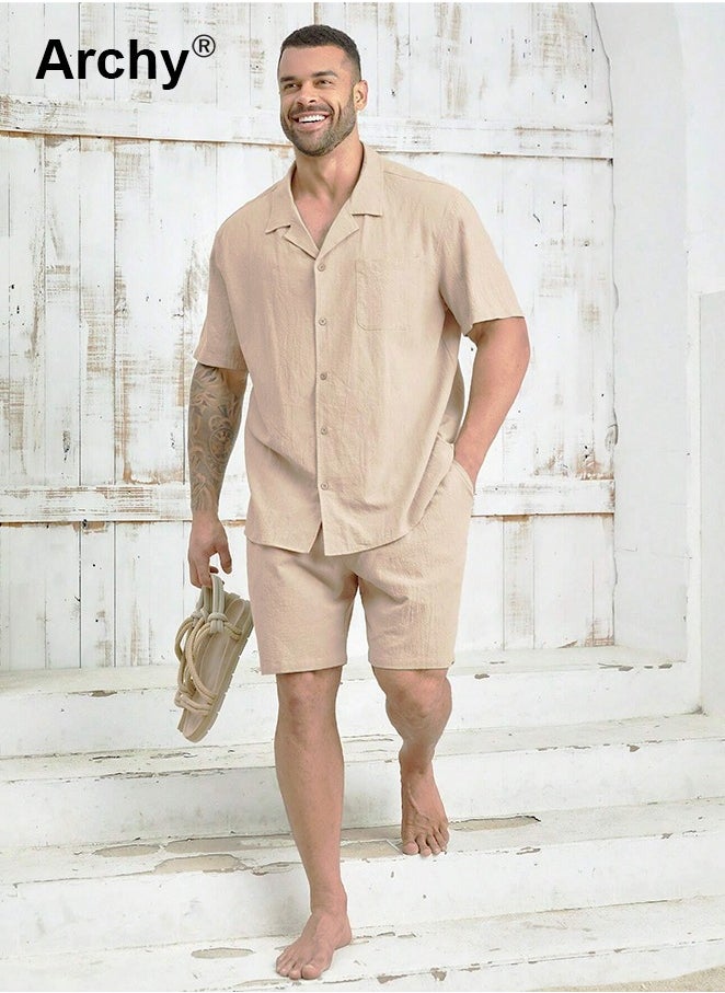 Archy 2 Pcs/Set Men's Pocket Front Short Sleeve Shirt and Shorts Basic Cotton Linen Urban Plain Plus Size Solid Color Casual Summer Outfit with Drawstring Holiday Vacation Wear 2 Pieces Button-Down Sets  - Image 2