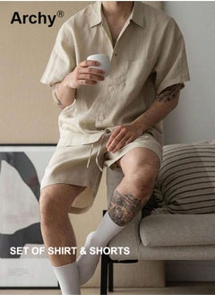 Archy 2 Pcs/Set Men's Pocket Front Short Sleeve Shirt and Shorts Basic Cotton Linen Urban Plain Plus Size Solid Color Casual Summer Outfit with Drawstring Holiday Vacation Wear 2 Pieces Button-Down Sets  - Image 1