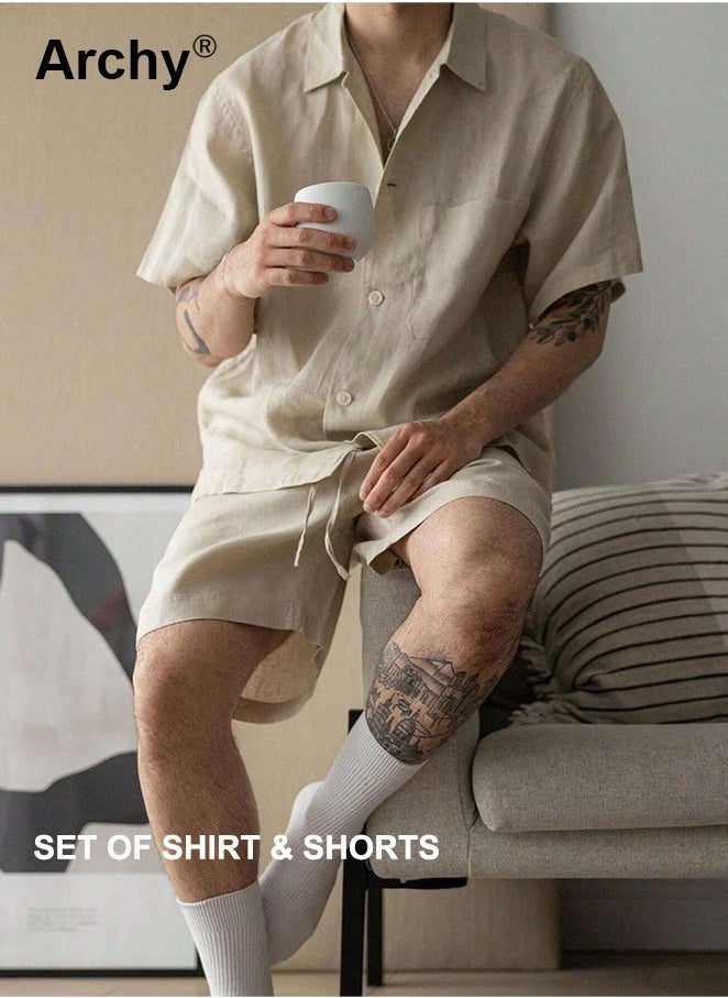 Archy 2 Pcs/Set Men's Pocket Front Short Sleeve Shirt and Shorts Basic Cotton Linen Urban Plain Plus Size Solid Color Casual Summer Outfit with Drawstring Holiday Vacation Wear 2 Pieces Button-Down Sets  - Image 1