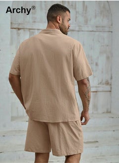 Archy 2 Pcs/Set Men's Pocket Front Short Sleeve Shirt and Shorts Basic Cotton Linen Urban Plain Plus Size Solid Color Casual Summer Outfit with Drawstring Holiday Vacation Wear 2 Pieces Button-Down Sets  - Image 4