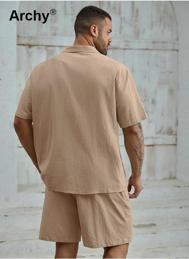 Archy 2 Pcs/Set Men's Pocket Front Short Sleeve Shirt and Shorts Basic Cotton Linen Urban Plain Plus Size Solid Color Casual Summer Outfit with Drawstring Holiday Vacation Wear 2 Pieces Button-Down Sets  - Image 4