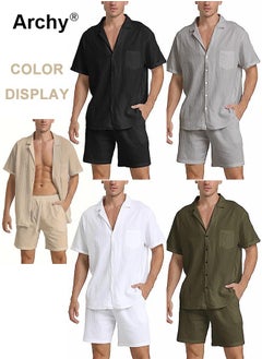 Archy 2 Pcs/Set Men's Pocket Front Short Sleeve Shirt and Shorts Basic Cotton Linen Urban Plain Plus Size Solid Color Casual Summer Outfit with Drawstring Holiday Vacation Wear 2 Pieces Button-Down Sets  - Image 3