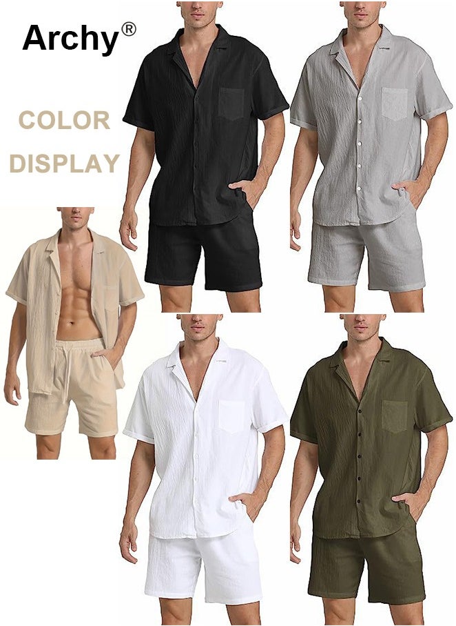 Archy 2 Pcs/Set Men's Pocket Front Short Sleeve Shirt and Shorts Basic Cotton Linen Urban Plain Plus Size Solid Color Casual Summer Outfit with Drawstring Holiday Vacation Wear 2 Pieces Button-Down Sets  - Image 3